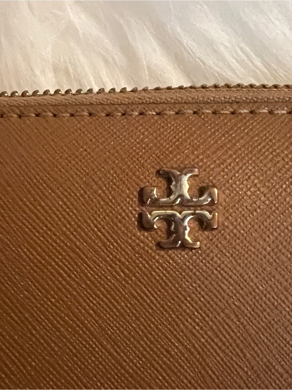 Tory Burch Caramel Saffiano Leather Logo Wallet with Gold Hardware